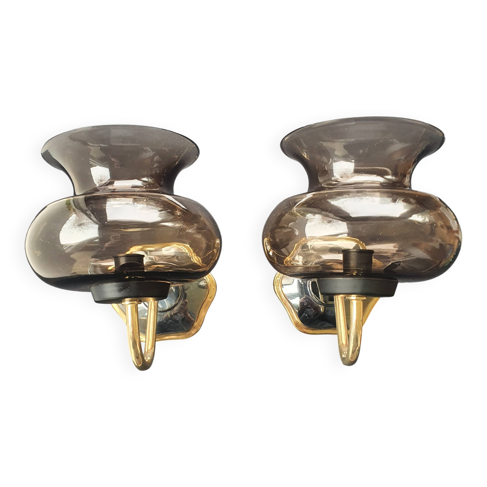 Pair of antique gold-plated brass and smoked glass wall lights.