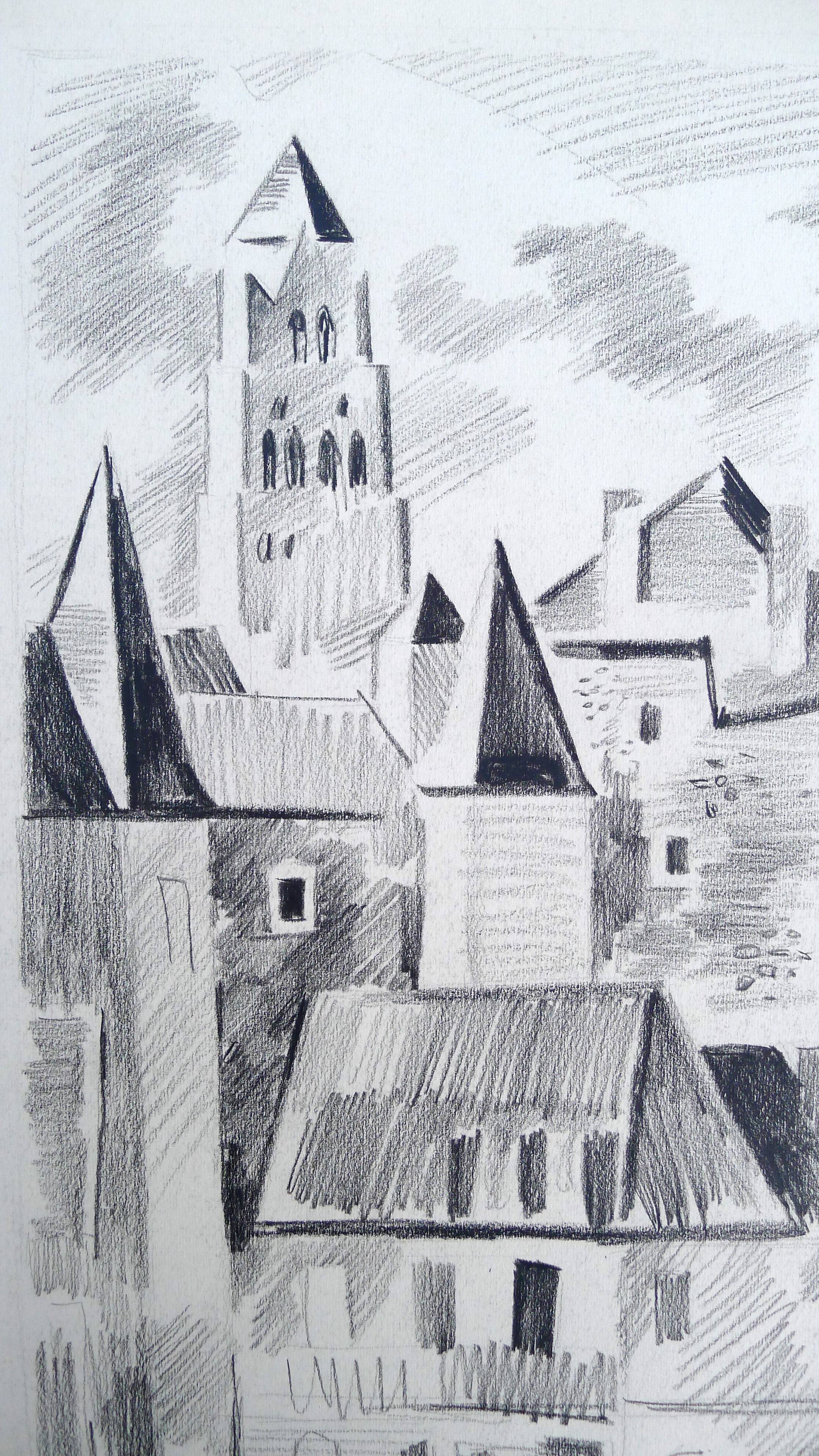Uzerche, original black chalk drawing by Jean Villette (1913-2005)