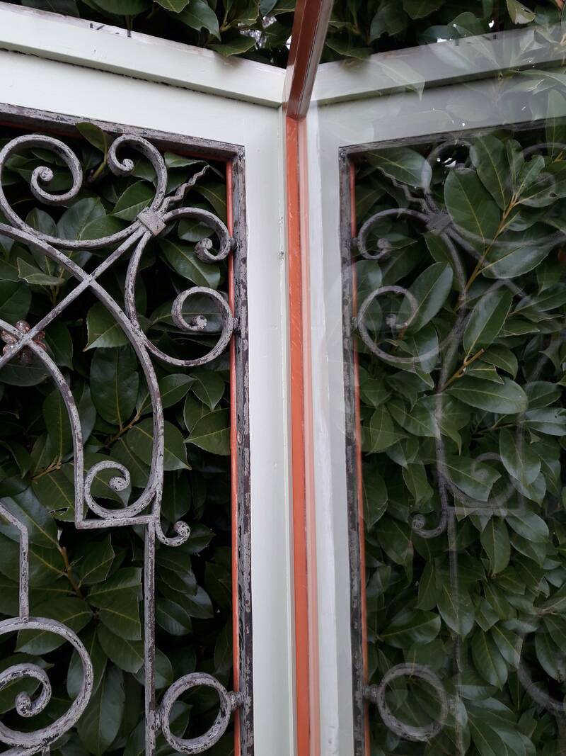 Window frame 179x88cm walnut oak wrought iron grille opening glass panel