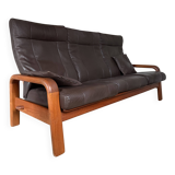 Scandinavian 3-seater teak and leather sofa