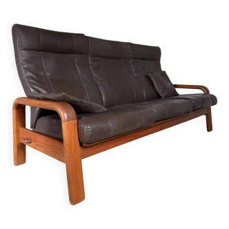 Scandinavian 3-seater teak and leather sofa