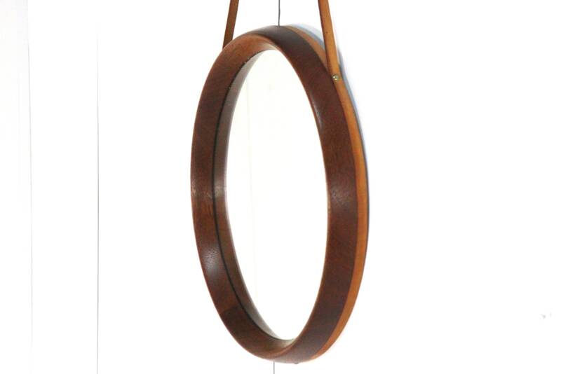 Round teak danish mirror with leather strap