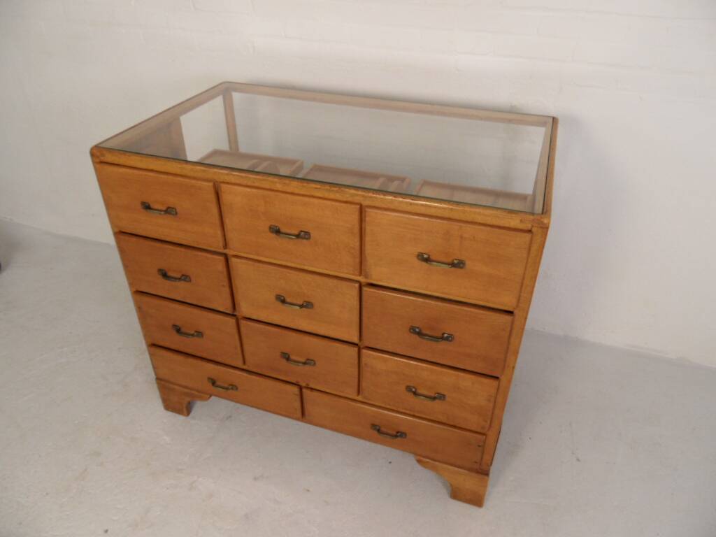 Antique oak store counter with drawers