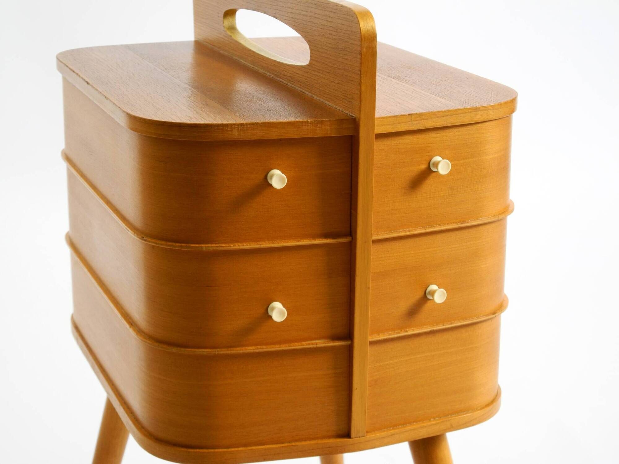 Beautiful original Mid Century teak sewing box with hinged compartments