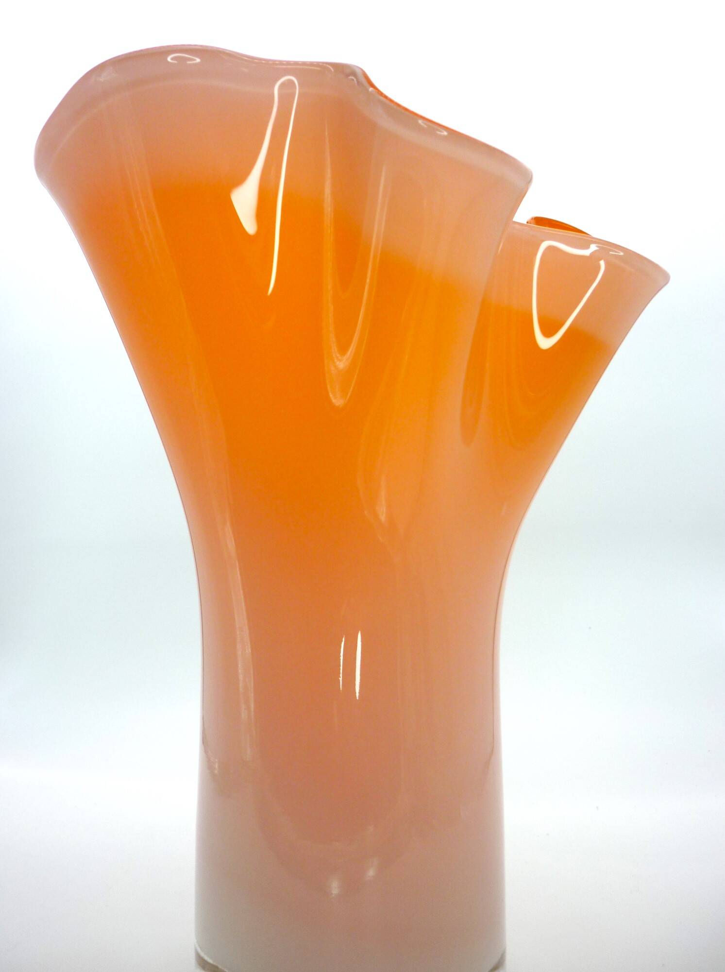 Murano handkerchief vase, blown glass, 1960s design, white and orange.