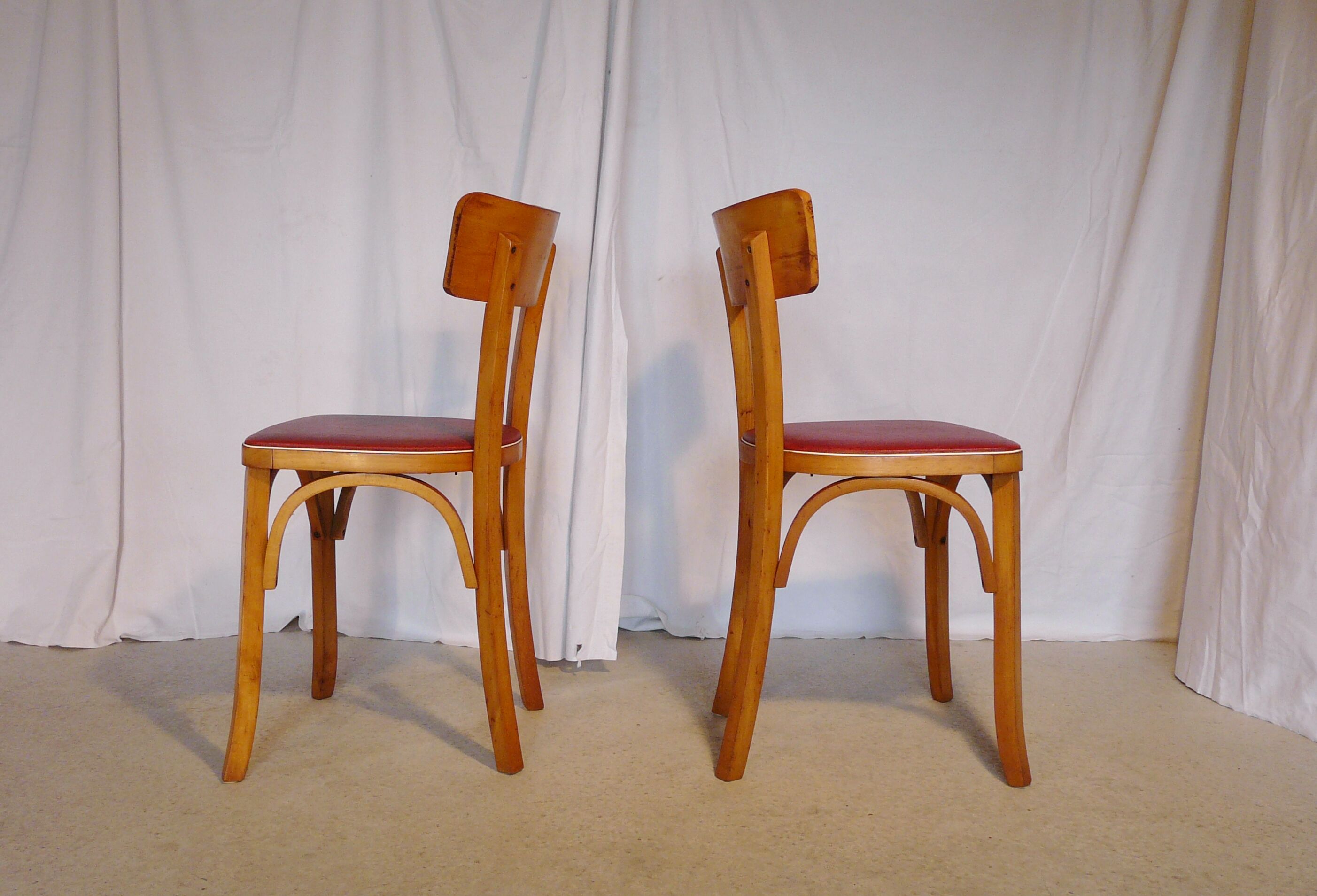 Six vintage Baumann bistro chairs in blond wood