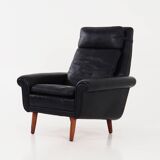 Fauteuil en cuir noir, design danois, années 1970, production : Danemark