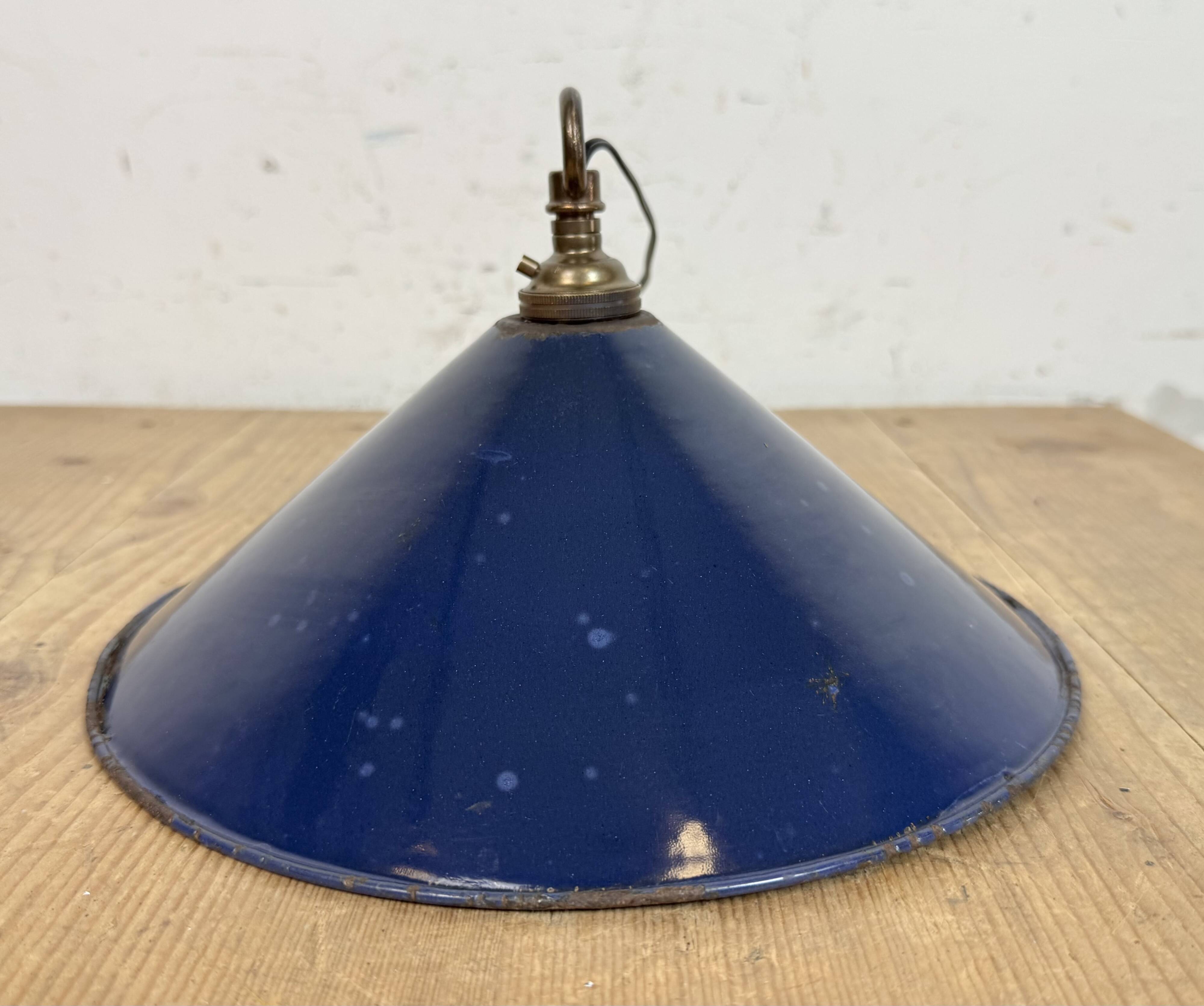 Industrial British Dark Blue Enamel Factory Pendant Lamp, 1950s
