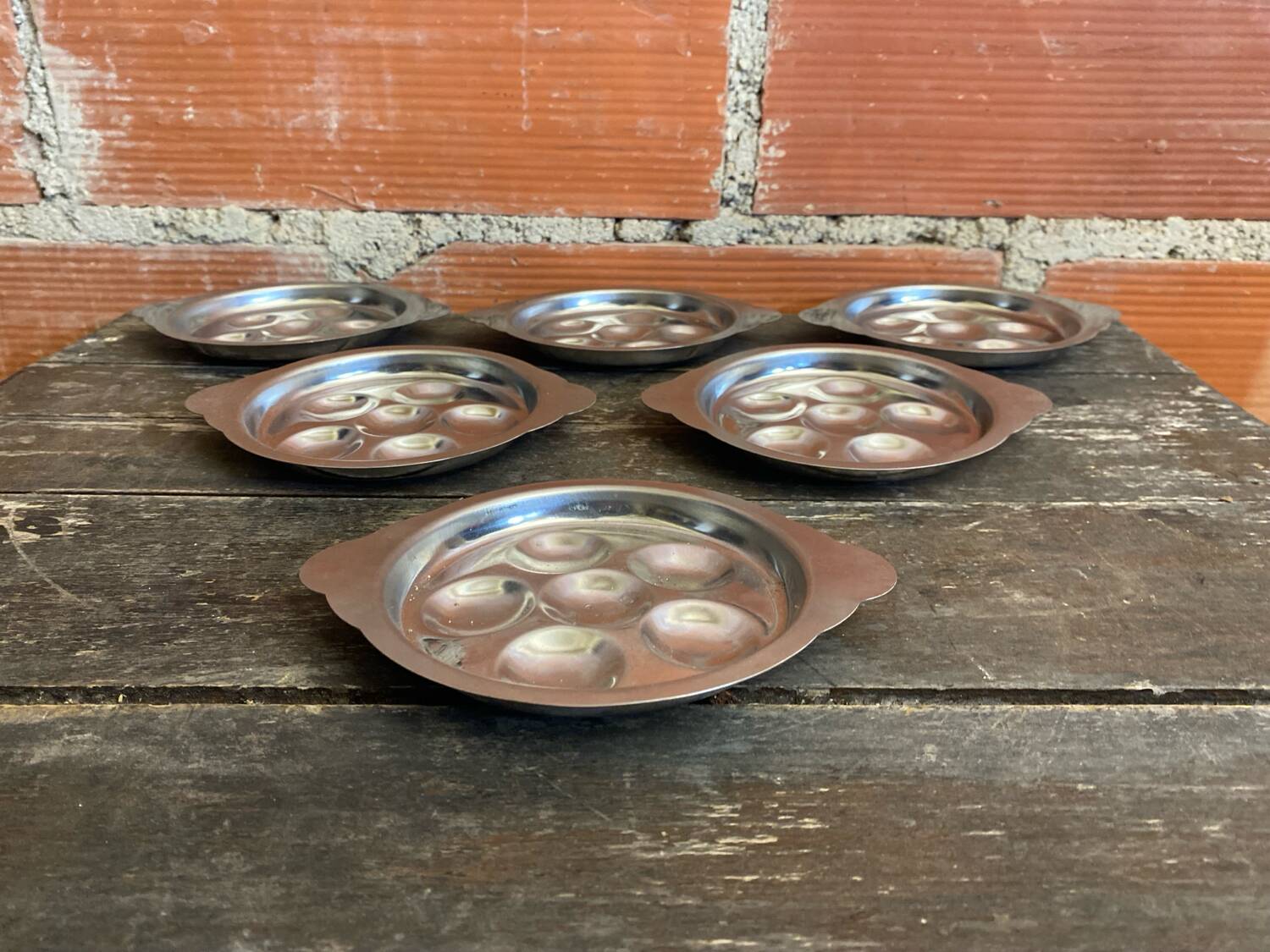Set of 6 Stainless Steel Escargot Plates with 6 Compartments Made in Japan Used