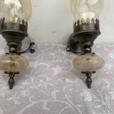 Matching pair of bronze wall sconces oil lamp style