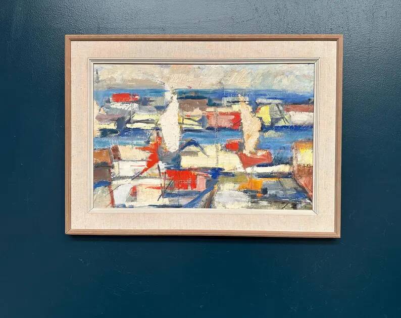 Original Swedish Oil on Canvas - "Abstract Harbour Motif" vintage
