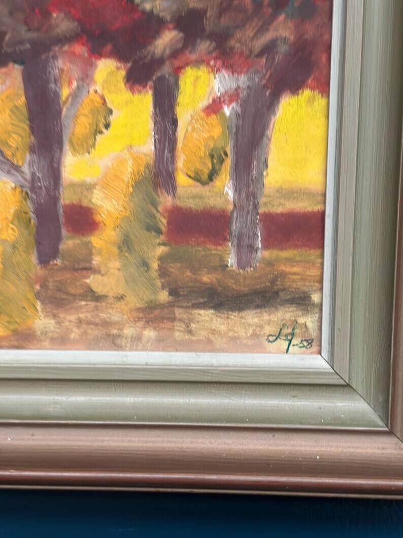 Huile sur panneau originale suédoise "Forêt", signée, vintage et encadrée.