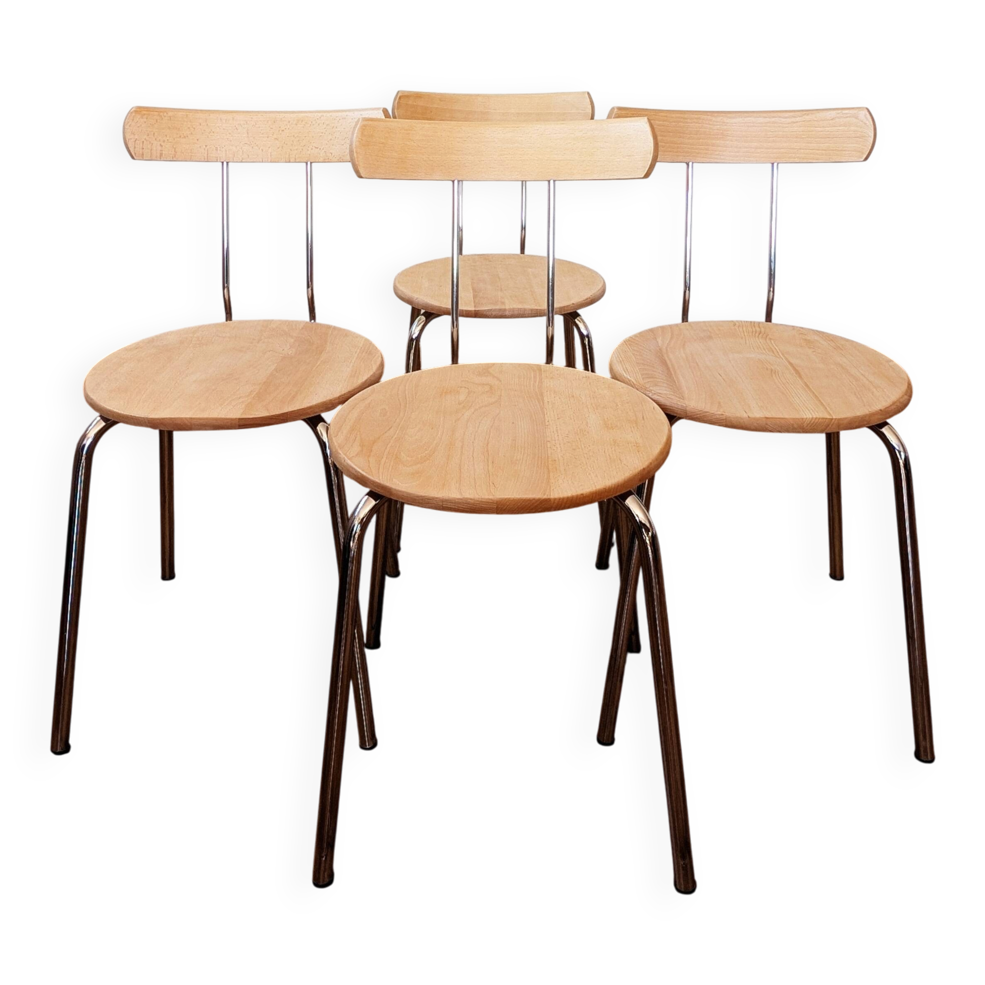 Set of 4 vintage/restored 70s/80s wooden and chrome bistro chairs.