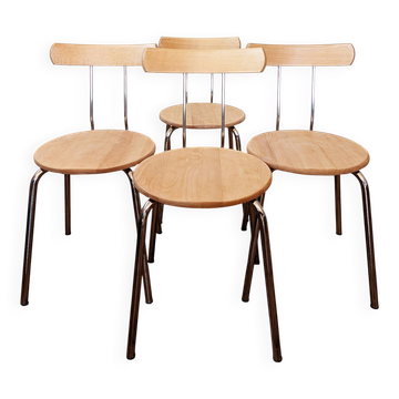 Lot de 4 chaises bistrot bois et chrome des années 70/80 vintage/restaurées