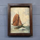 Peinture à l'huile ancienne avec des voiliers
