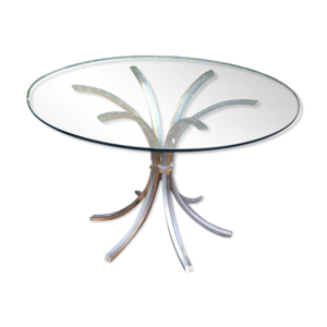 Table de salle à manger design piétement métal chromé et laiton doré verre rond année 70/80