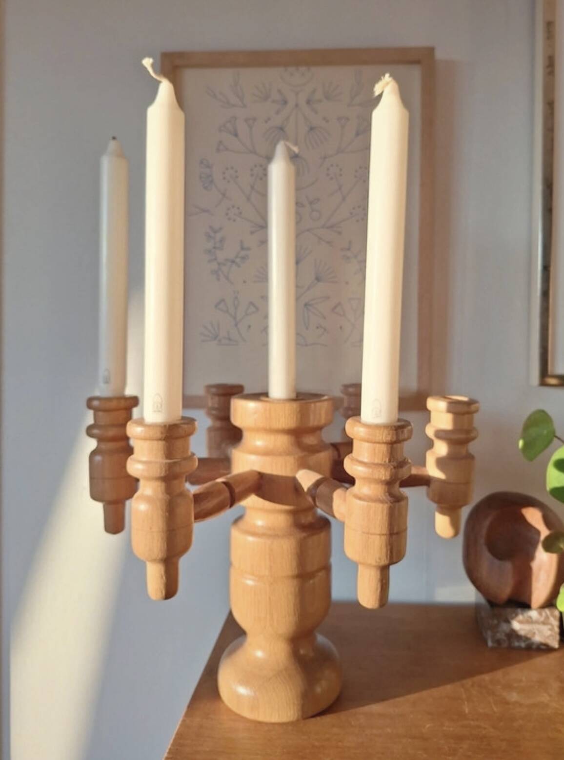 Vintage Scandinavian Candle Holder in Natural Wood, 60s Design - 7 Candles