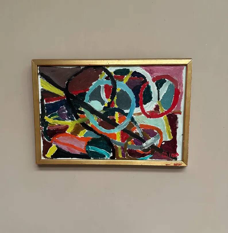 Original Swedish Oil on Canvas – “Abstract Composition” – Signed – Dated 1960 – Vintage & Framed – 44.5 × 31 cm (17.5" × 12.2")