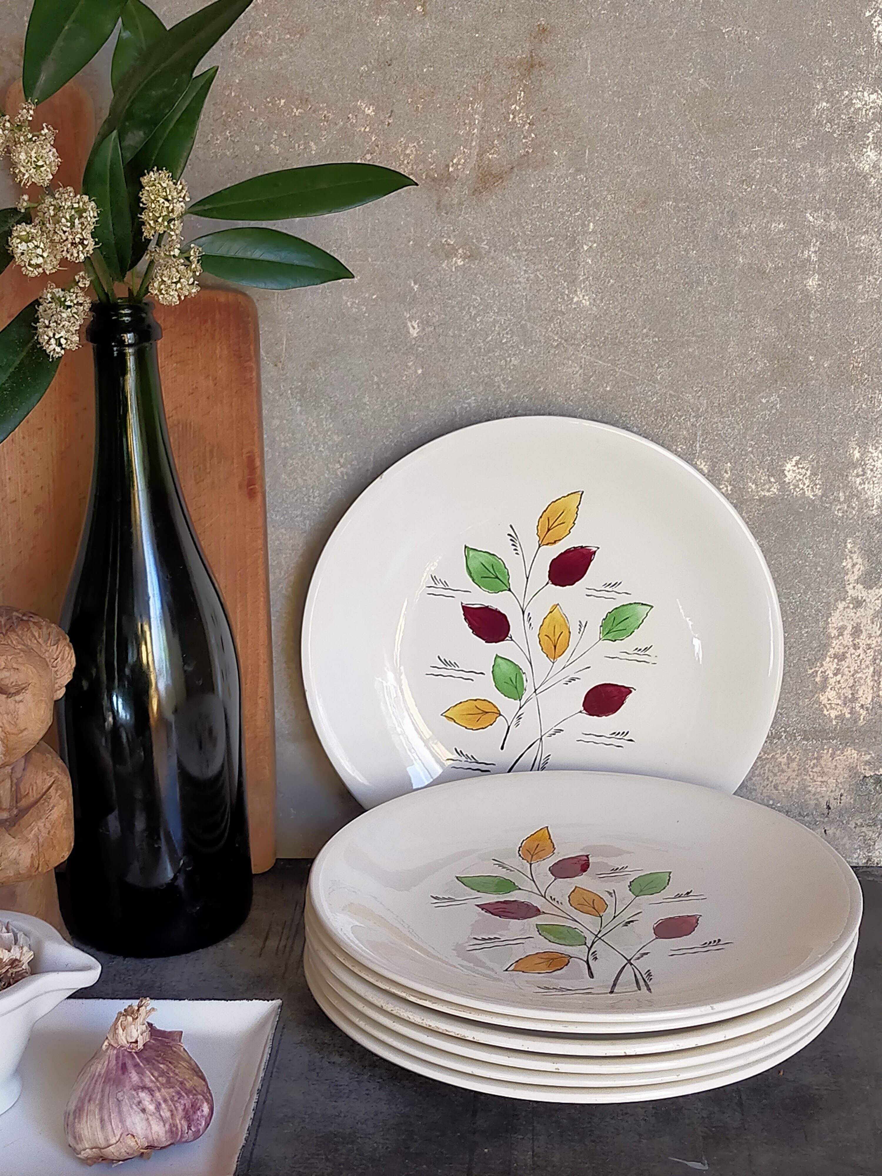 Seven vintage plates in fine earthenware from Gien service Gentilly