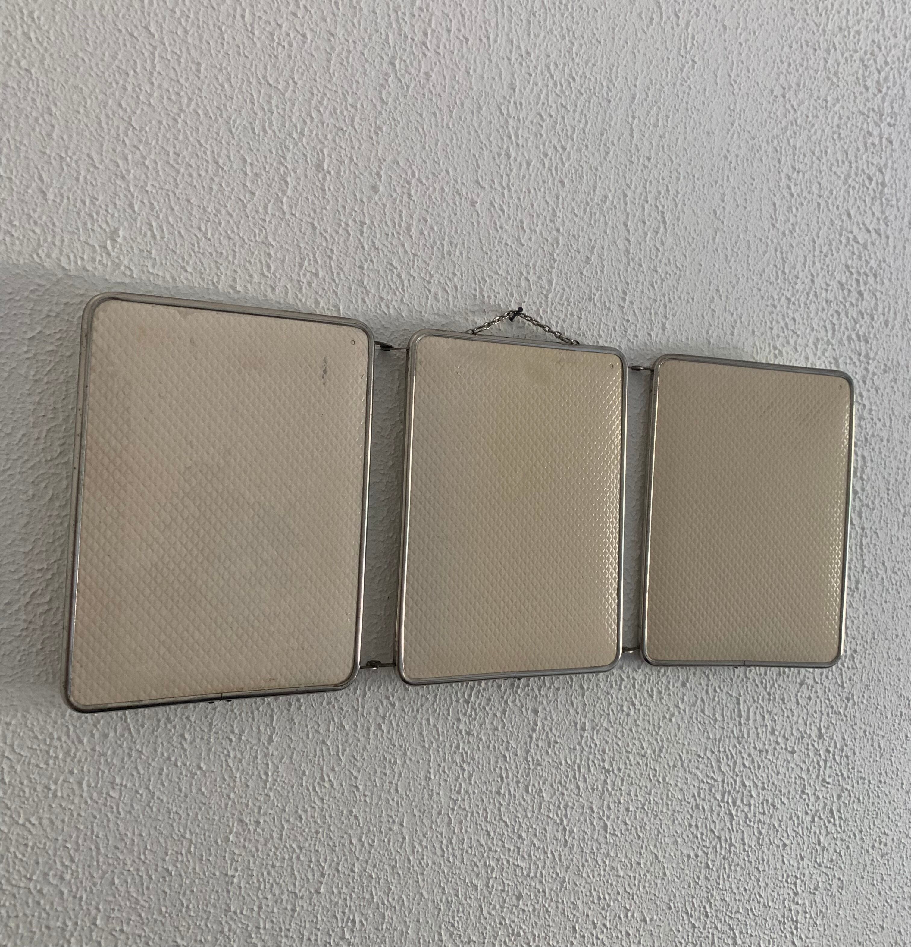 Vintage mirror 1960 triptych ivory barber - 24 x 59 cm