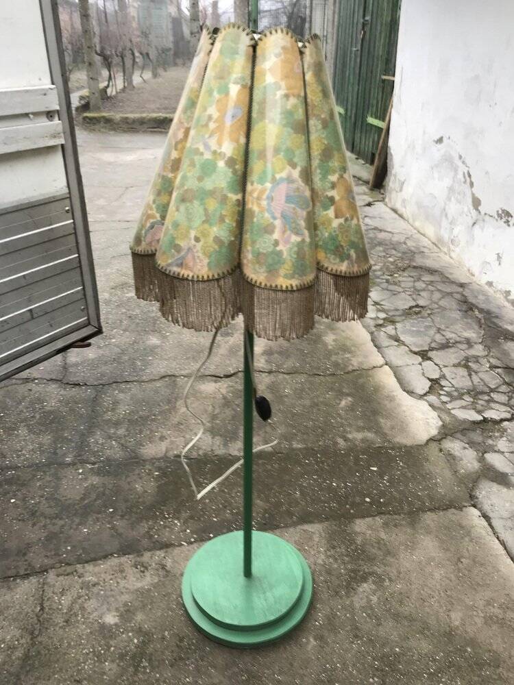Mid-century green plastic and wood floor lamp, coral fringed shade (1950s)