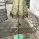 Mid-century green plastic and wood floor lamp, coral fringed shade (1950s)