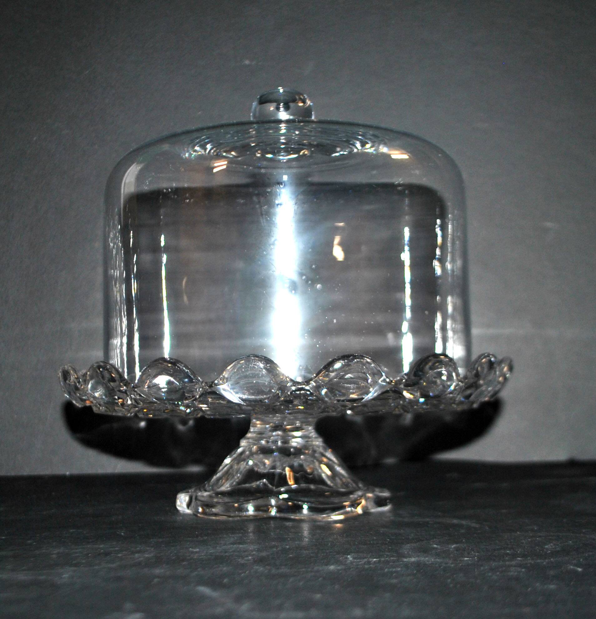 Antique cheese dome on a diamond moulded crystal stand, 1920, marked registered.