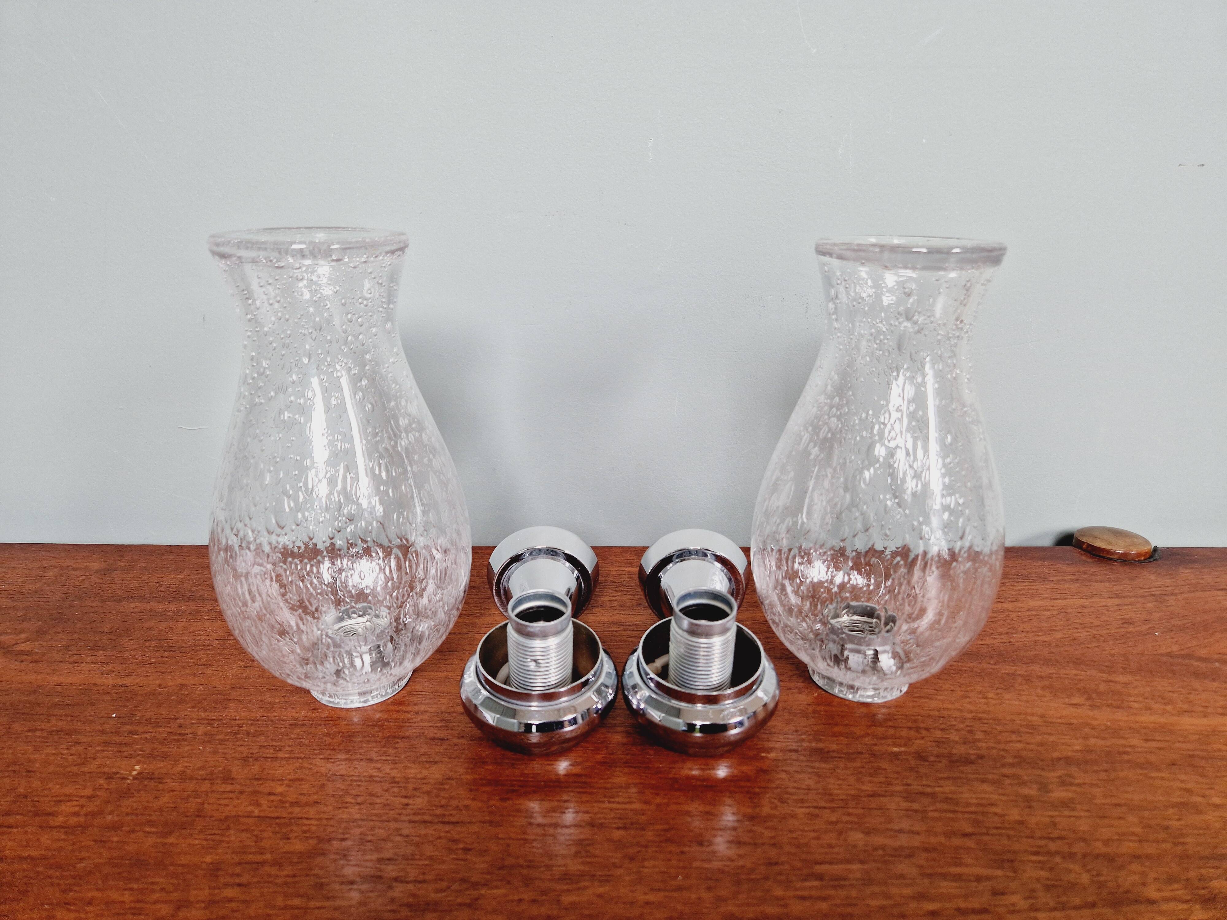 Pair of blown glass and chrome-plated metal wall lights, 1970s