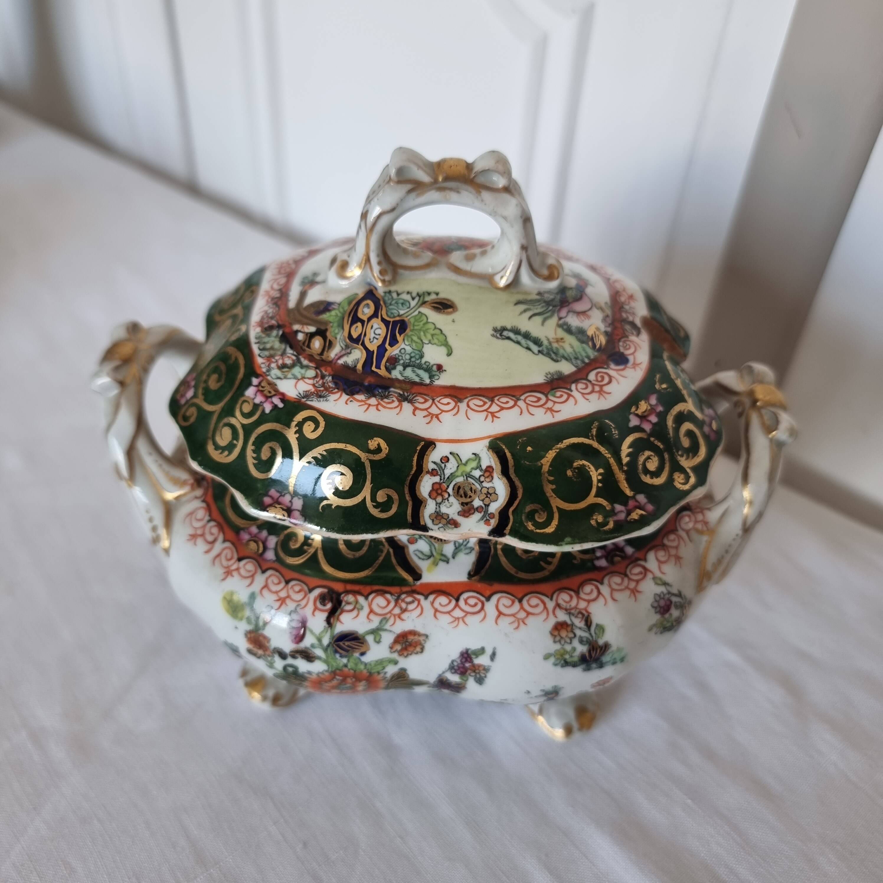 Antique Masons Sauce Boat with Lid English Porcelain Chinoiserie F