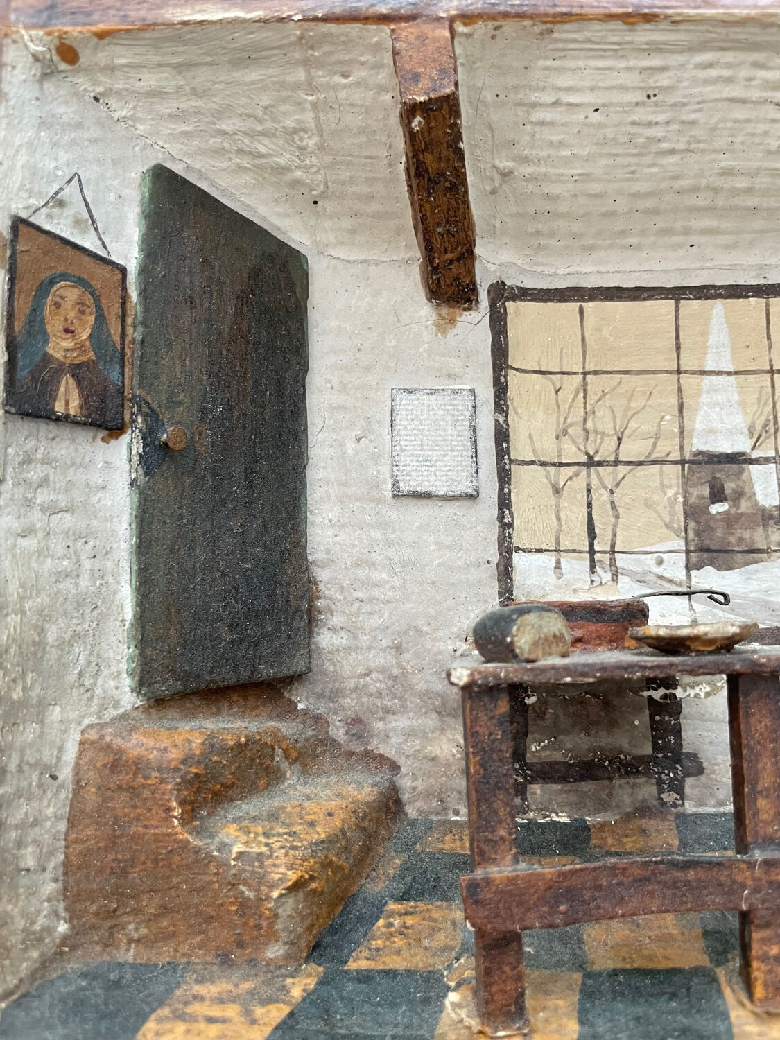 Old wooden model representing a late 19th, early 20th century kitchen