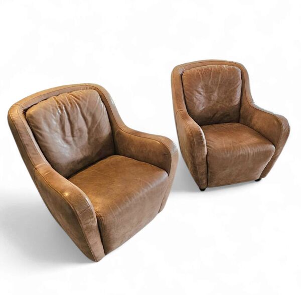 2 fauteuils en cuir marron édités par Natuzzi, années 1980
