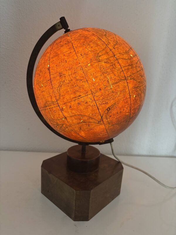 Globe vintage 1930 terrestre Jacques Adnet Mappemonde J.Forest verre bois -