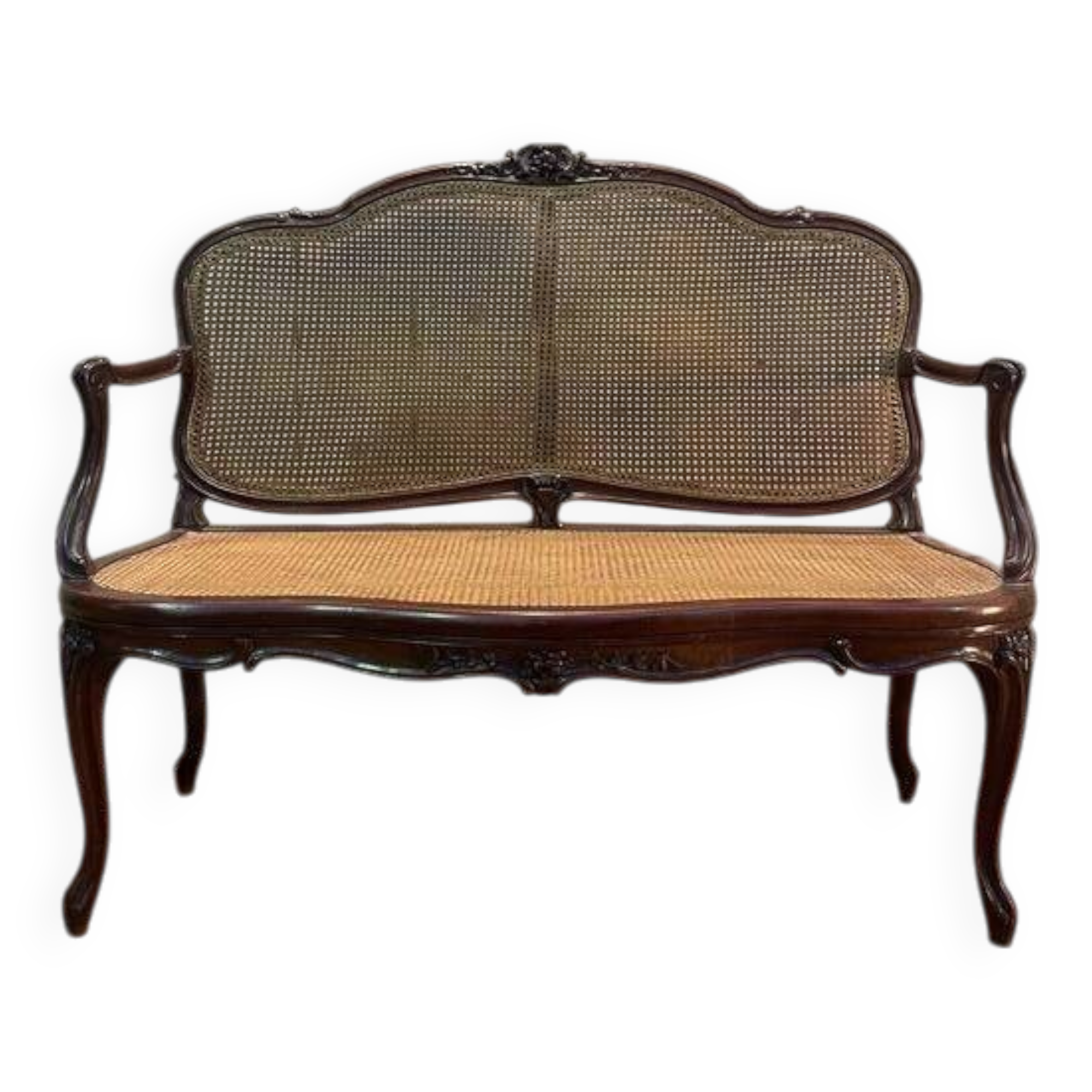 Banquette en acajou et cannage Louis XV