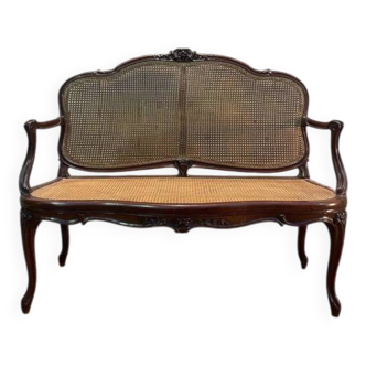 Louis XV mahogany and cane bench