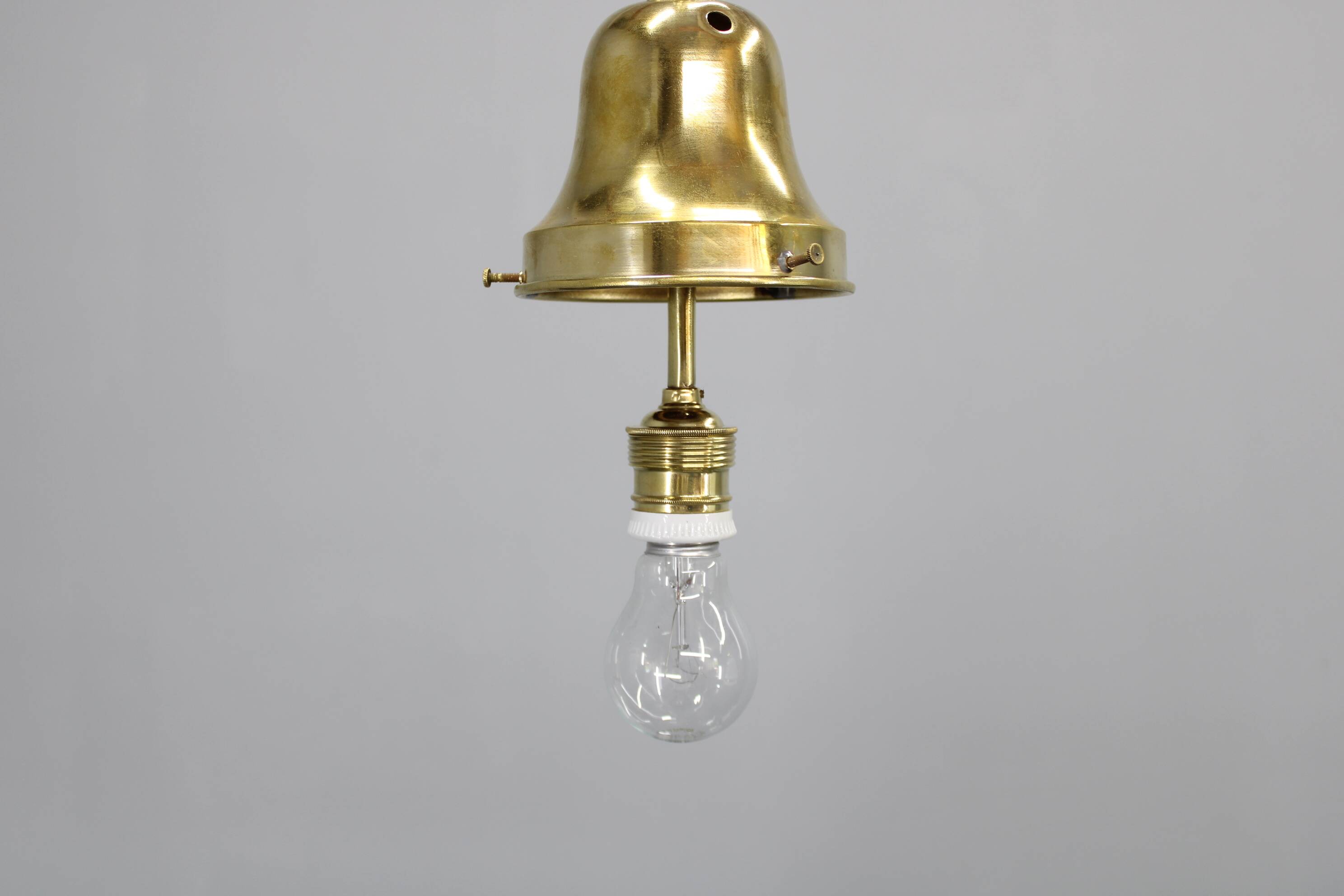 Pair of 1930s Peter Behrens Luzette pendants in opaline glass and brass