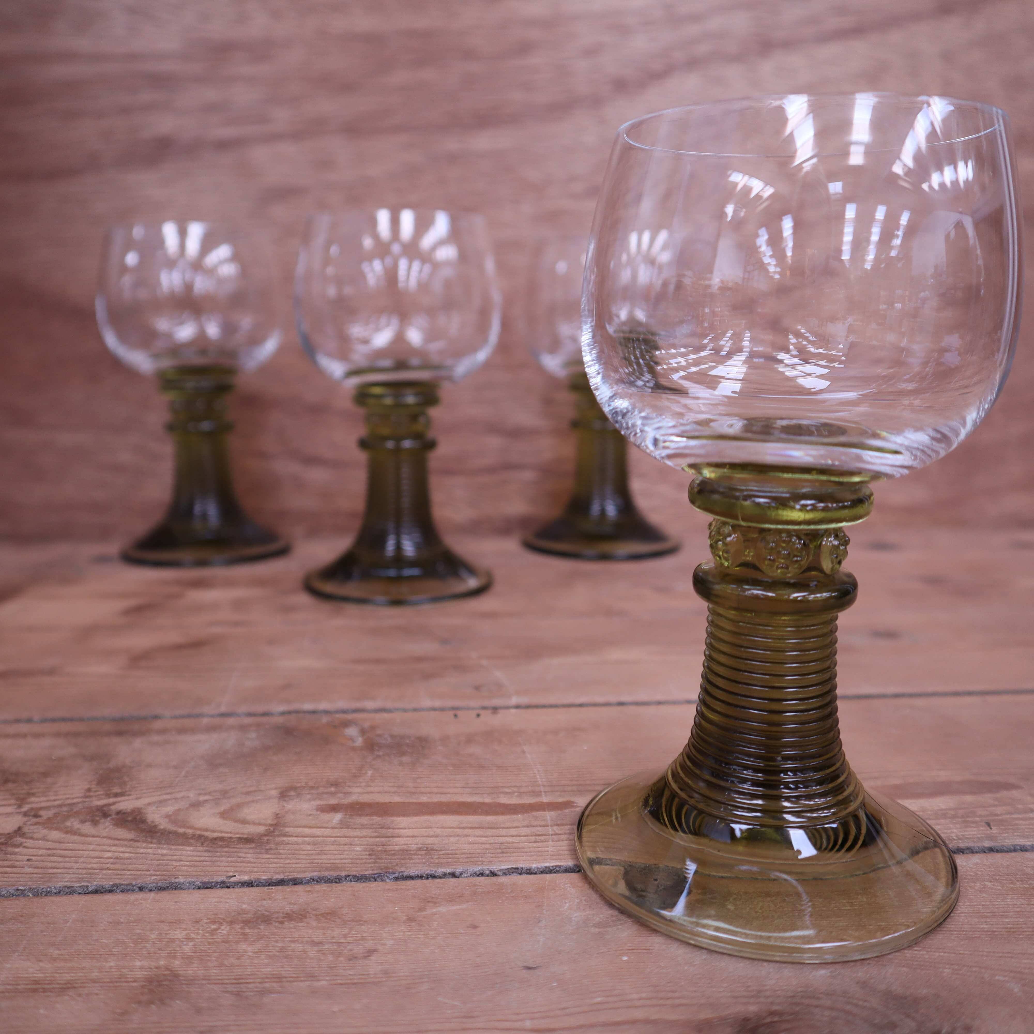 4 Roemer style wine glasses with large olive green stems