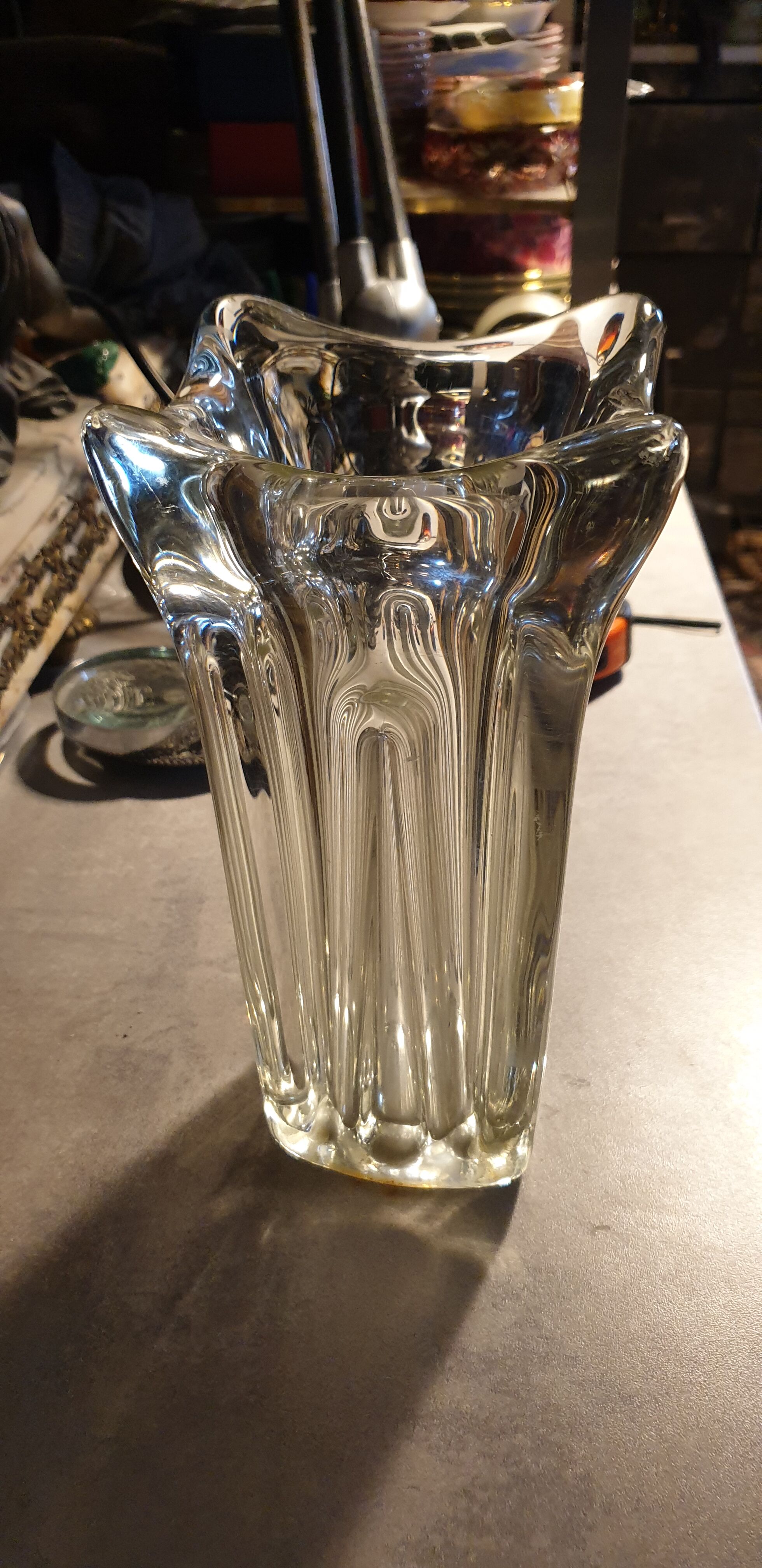 Thick molded glass vase, 50s