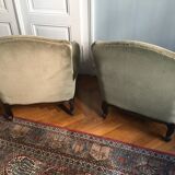 Pair of 2 khaki green velvet armchairs