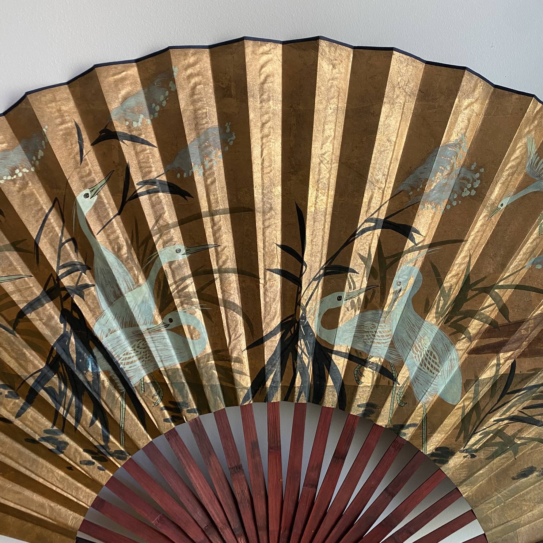 Vintage XXL wall fan hand-painted, Ibis