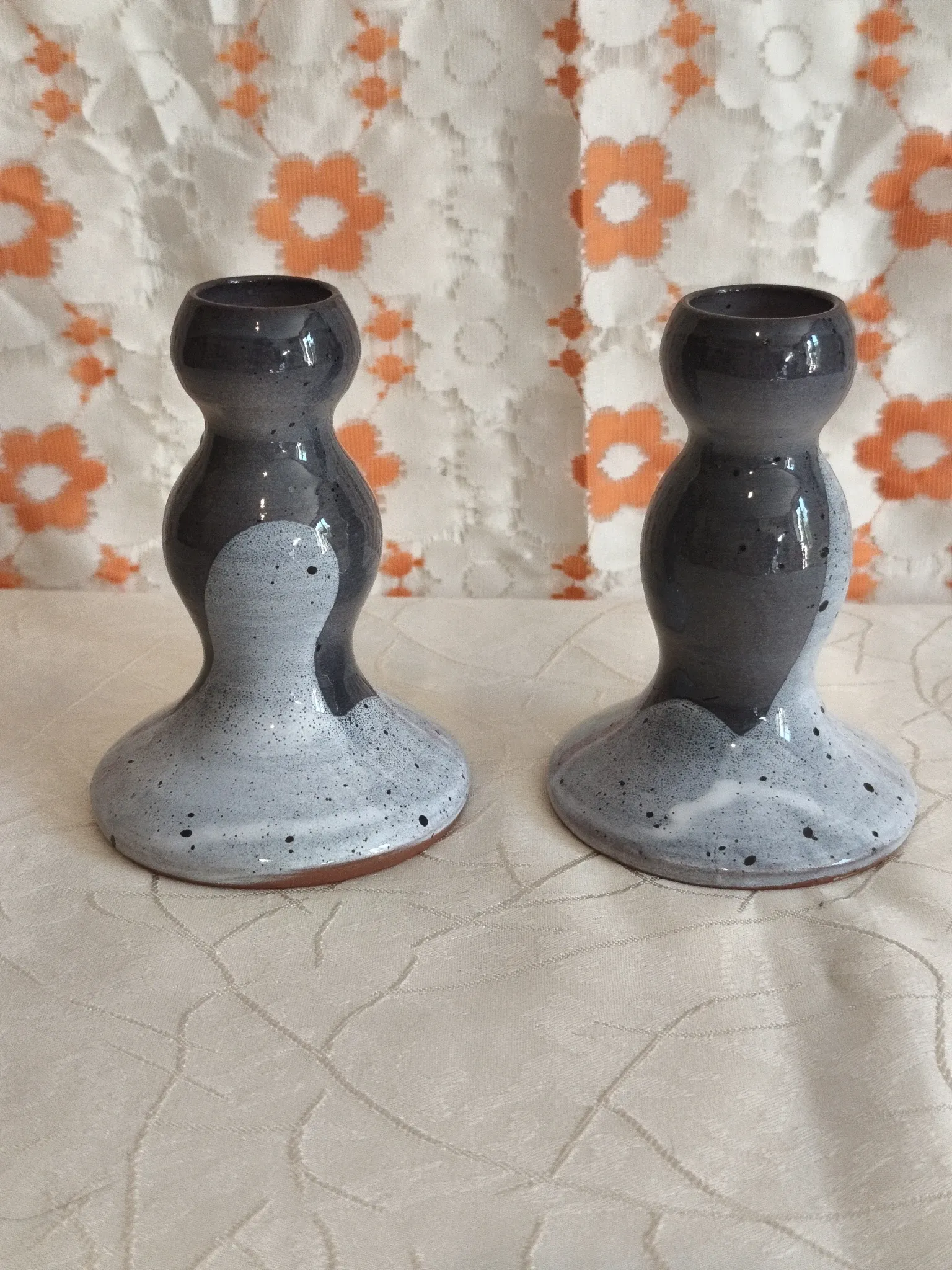 Pair of handcrafted glazed stoneware candle holders