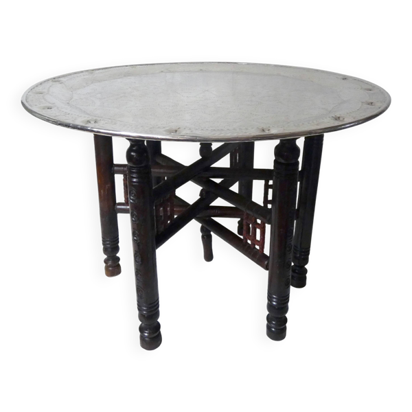 table basse orientale pliante vintage plateau métal argent