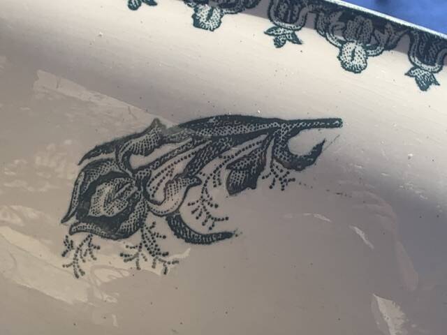 Soup tureen base, old salad bowl, iron earth with blue iris pattern, 19th century, collector's item