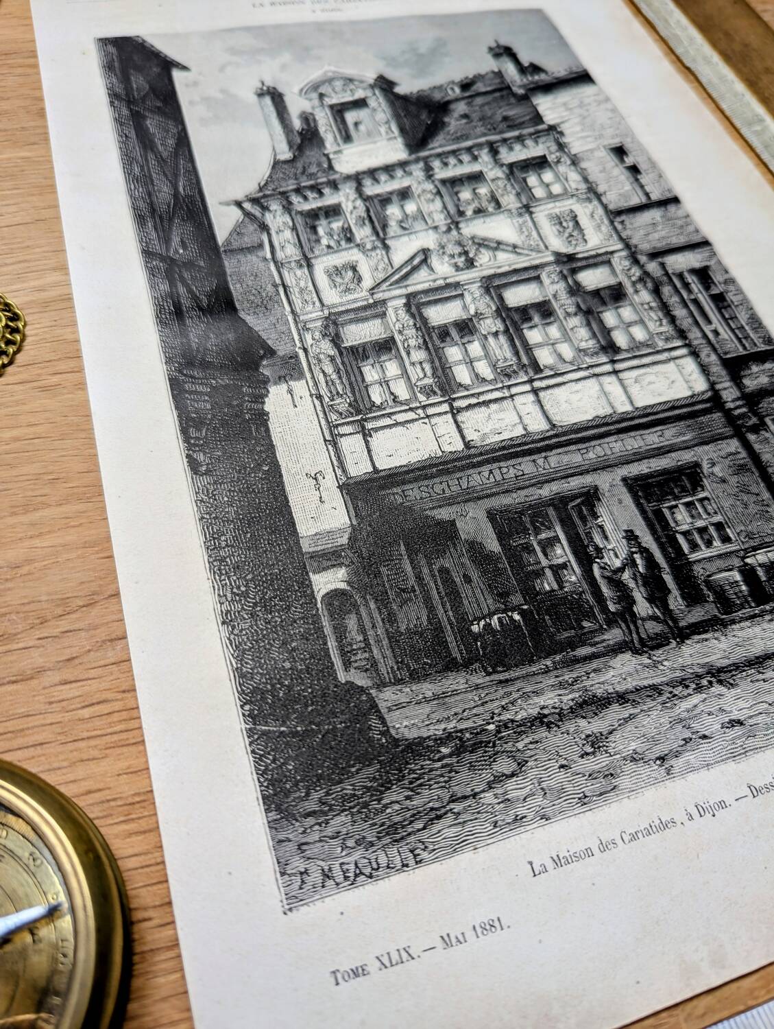 Gravure Vintage Dijon, la maison des Cariatides. 1881
