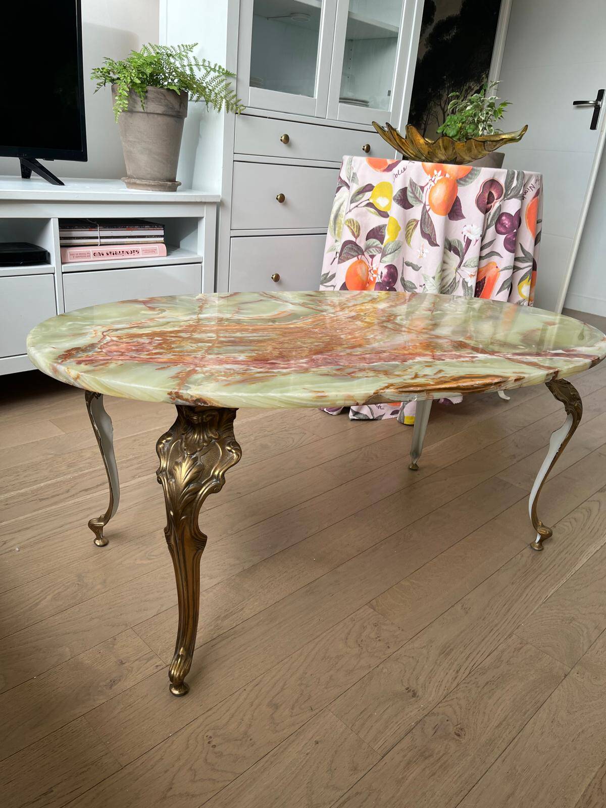 Vintage coffee table in polychrome marble – Louis XV style – Restored