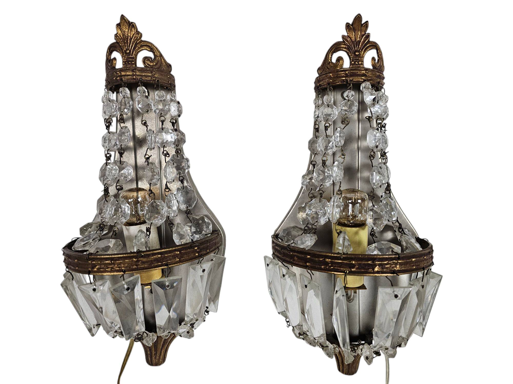 2 wall lamps - gold plated - crystal - 60's