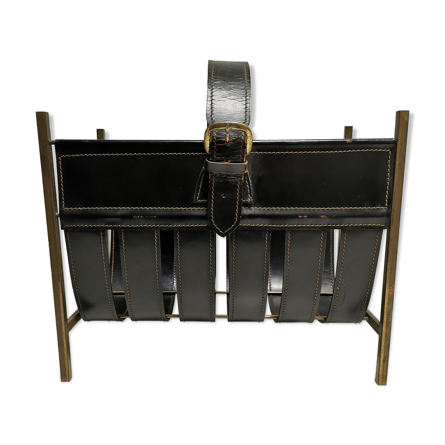 Vintage leather magazine rack, 50s