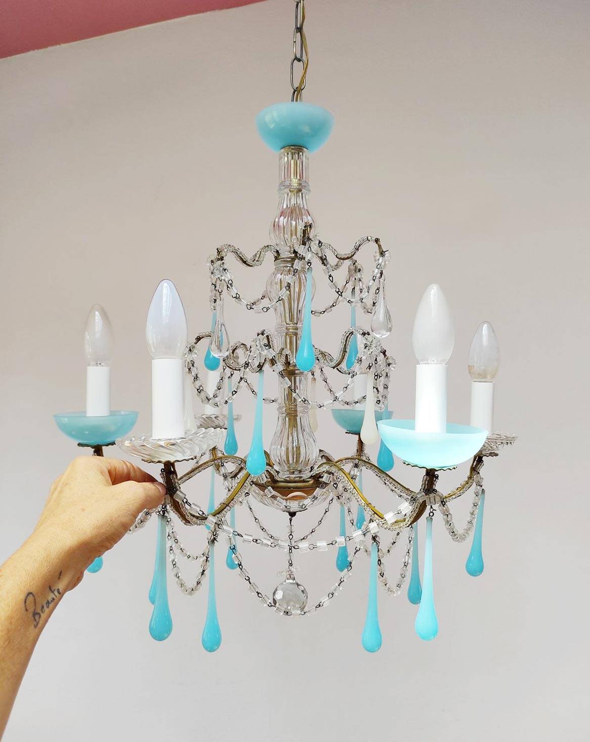 Italian chandelier with 6 arms in blue opaline glass (55 cm)