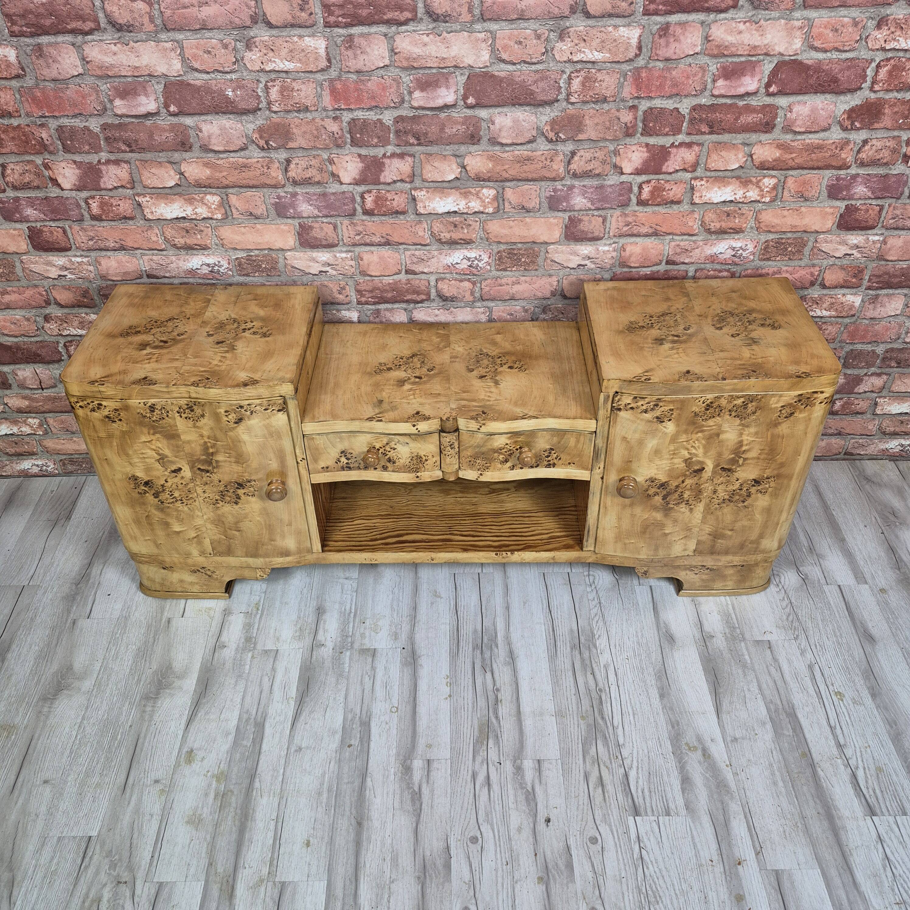 Rare Low Art Deco Blonde Burl TV Console Sideboard - 1930s Fully Restored