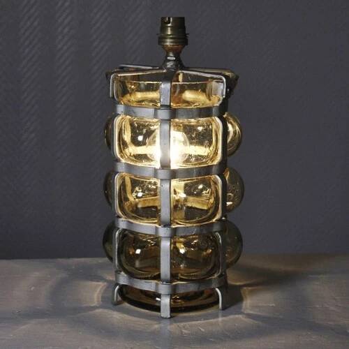 Vintage brutalist lamp with double lighting, blown glass in a cage, 20th-century design.