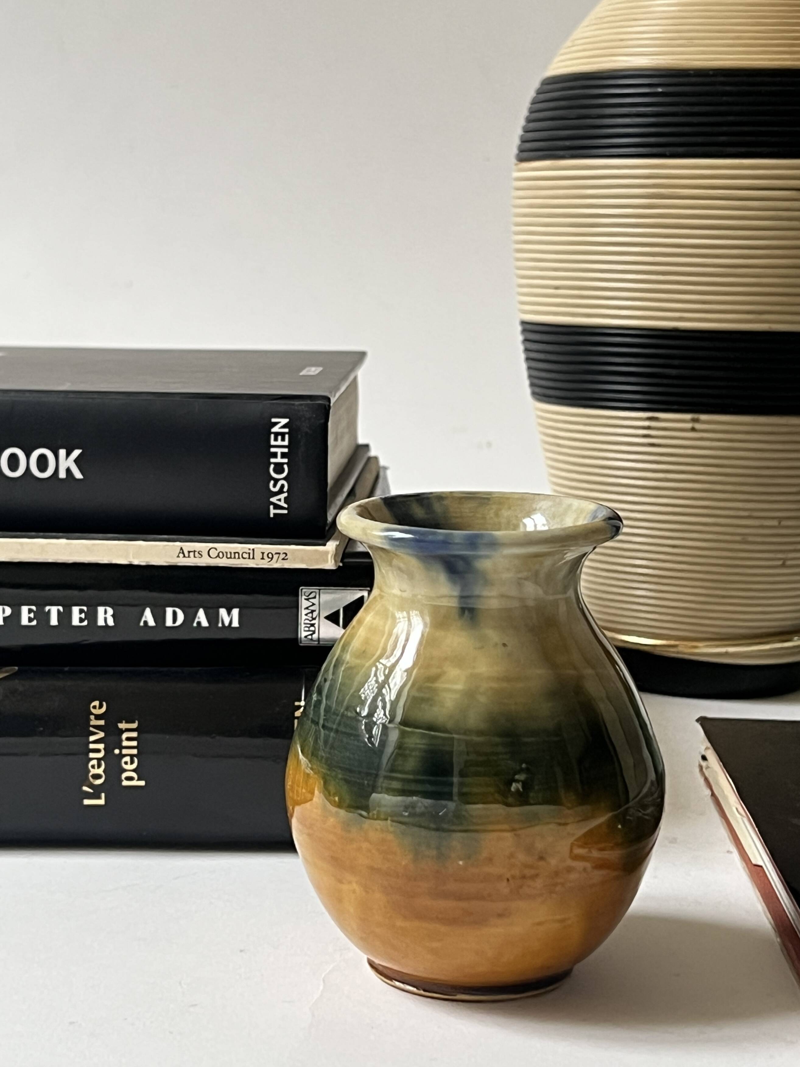 Glazed ceramic vase in honey/ochre/green, France circa 1950.